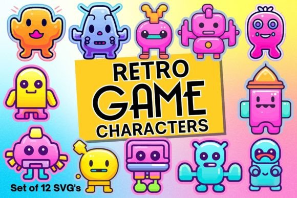 Retro Game Characters Clipart Set: A Playful Design Asset for Local Branding and Packaging
